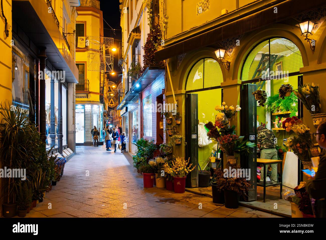 I turisti e i pedoni apprezzano i vicoli stretti e le strade dei negozi illuminati nel centro di Siviglia, Spagna. Foto Stock