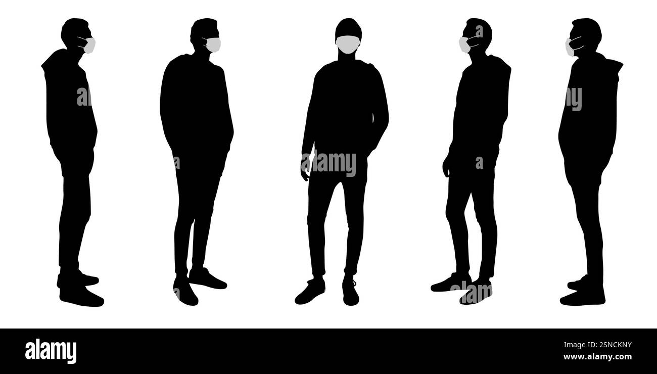 Concetto di vettore sagoma concettuale uomini che parlano mentre distanziano sociale come mezzo di prevenzione e protezione contro la contaminazione da coronavirus Illustrazione Vettoriale