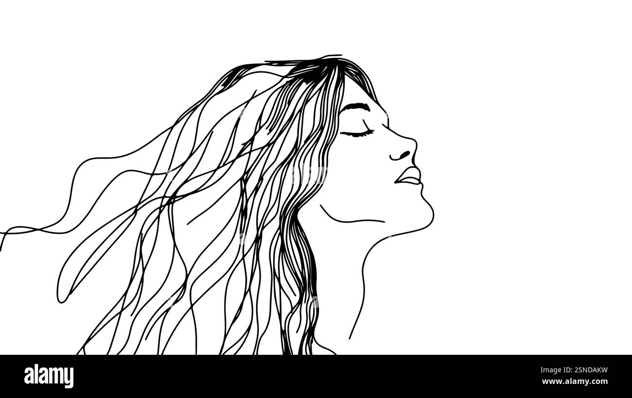 Donna che disegna la linea d'arte. Elemento di design per capelli a flusso lungo. Saloni di bellezza, industria del benessere, uso di marchi di moda. Illustrazione minimalista, nera Illustrazione Vettoriale