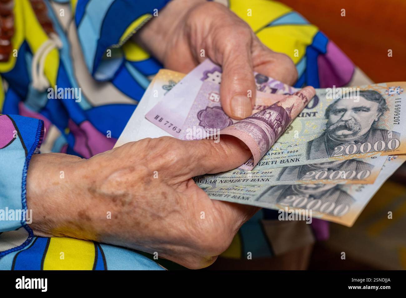 I soldi dell'Ungheria. Donna anziana che tiene in mano dei fiorini ungheresi. Concetto finanziario ed economico. Pensioni e fondi di sostegno per gli anziani Foto Stock