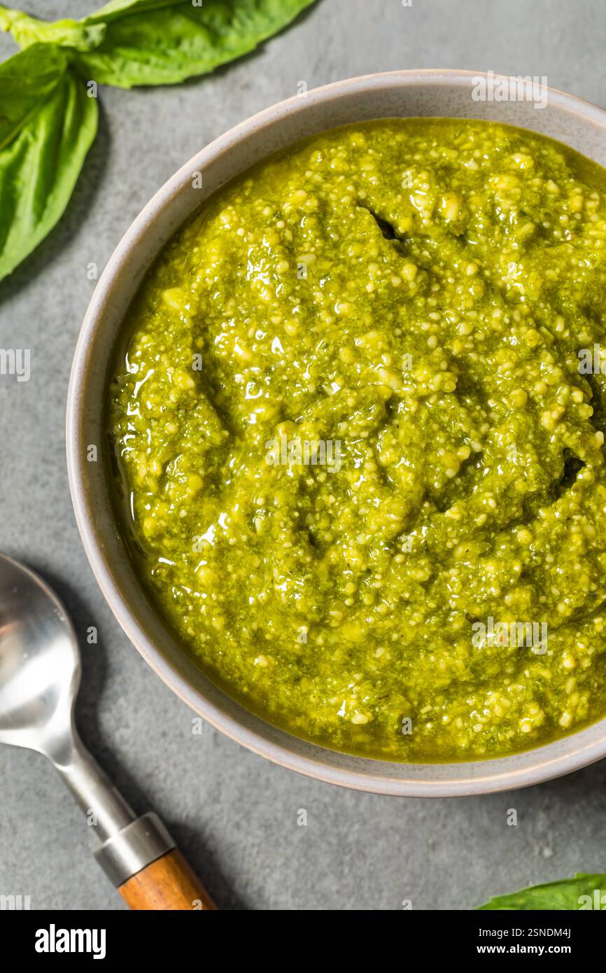 Salsa di pesto al basilico verde biologico con parmigiano e pinoli Foto Stock