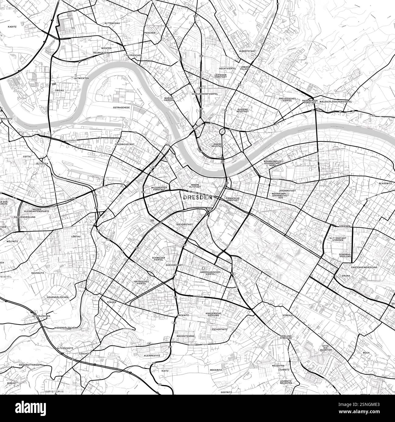 Mappa minimale in bianco e nero di Dresda con i nomi delle strade Foto Stock