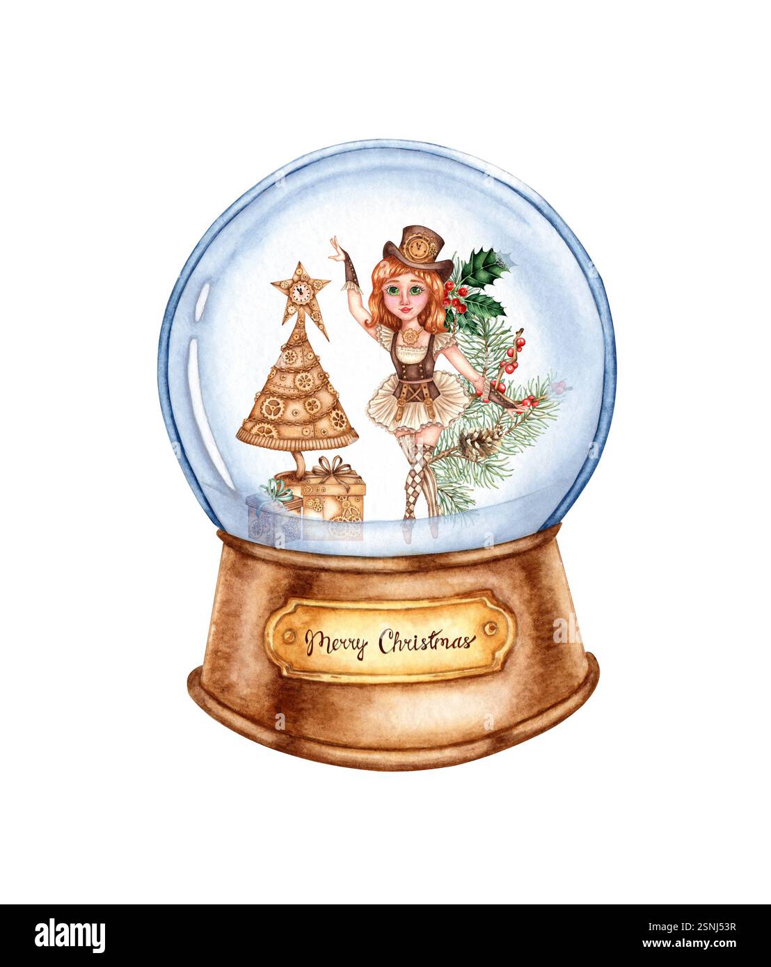 Sfera di cristallo con sfera di vetro montata su una base in legno marrone con illustrazione color acquerello a placca dorata. All'interno della Ballerina nei rami di abete nello steampunk Foto Stock