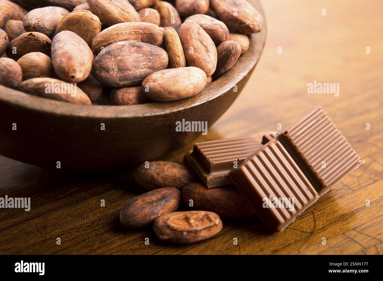 Fagioli di cacao con cioccolato al latte, lodz, polonia Foto Stock