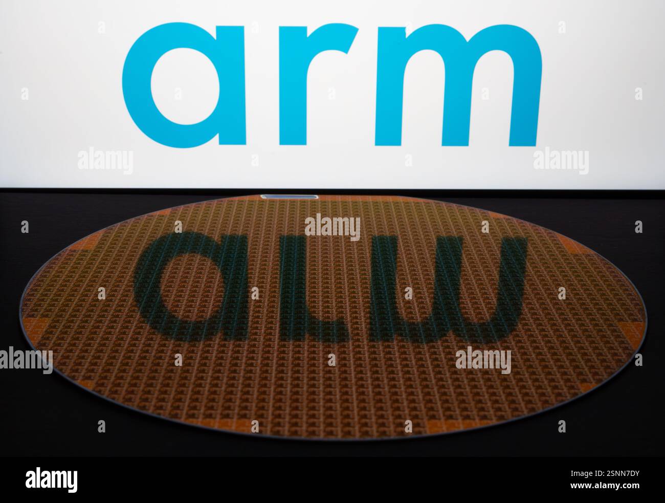 Logo ARM Holdings visibile in esposizione e riflesso sfocato sul wafer semiconduttore con microchip. Illustrativo di un nuovo chip della società ARM. St Foto Stock