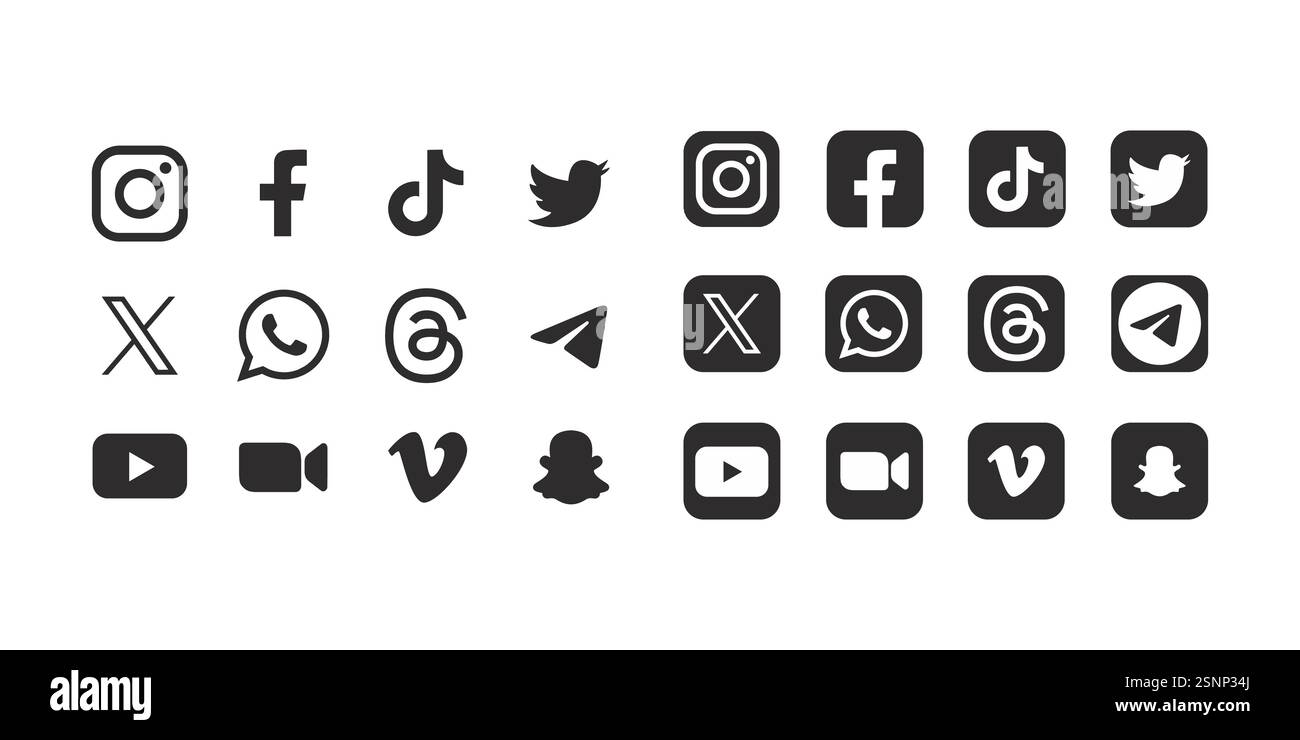 Raccolta del logo dei social media più diffuso. Facebook, instagram, X, twitter, linkedin, youtube, tiktok, vimeo, cavolo Illustrazione Vettoriale