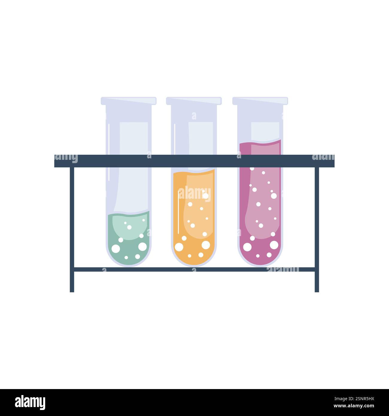 Set di provette per prodotti chimici da laboratorio. Esperimenti e prove di laboratorio e chimiche. Liquidi gialli, verdi e viola, reagenti. Modello e layout. Cartoon flat V Illustrazione Vettoriale