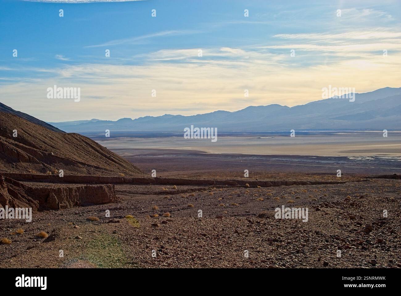 Vista panoramica delle distese saline del bacino di Badwater con la lontana catena montuosa di Panamint Foto Stock