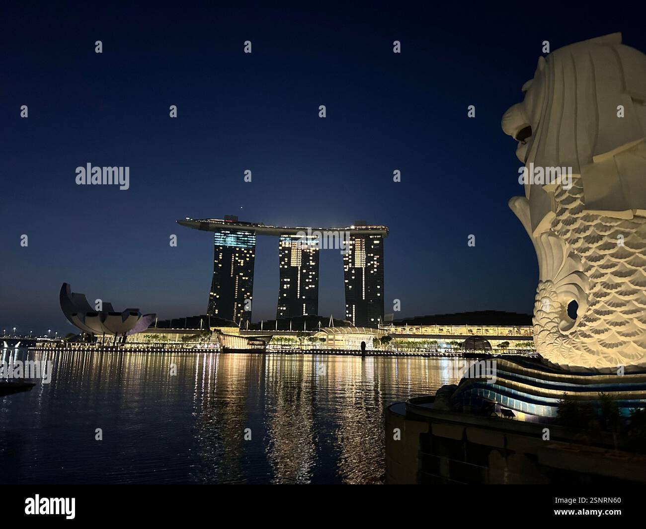 Vista di Marina Bay Sands di notte attraverso la baia | Singapore - Immagine stock catturata con smartphone