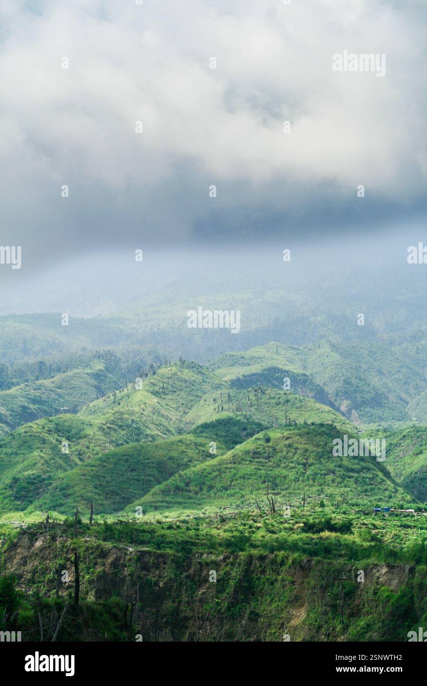 Un paesaggio post-eruzione a Yogyakarta mostra lussureggianti colline verdi che si riprendono dalla devastazione vulcanica, con resti di alberi danneggiati che testimoniano il Foto Stock