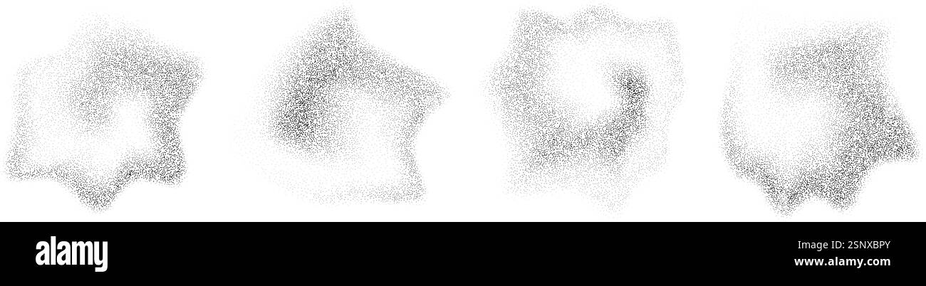 Forme di caduta sfumatura tratteggiata fluida. Macchie e macchie di spray granuloso. Set di oggetti liquidi stippled neri. Si formano schizzi e schizzi di rumore. Dissolvere la consistenza della polvere di sabbia. Elementi di mezzitoni con dissolvenza vettoriale Illustrazione Vettoriale