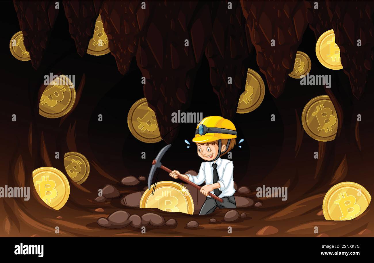 Persona che estrae monete digitali in una grotta Illustrazione Vettoriale
