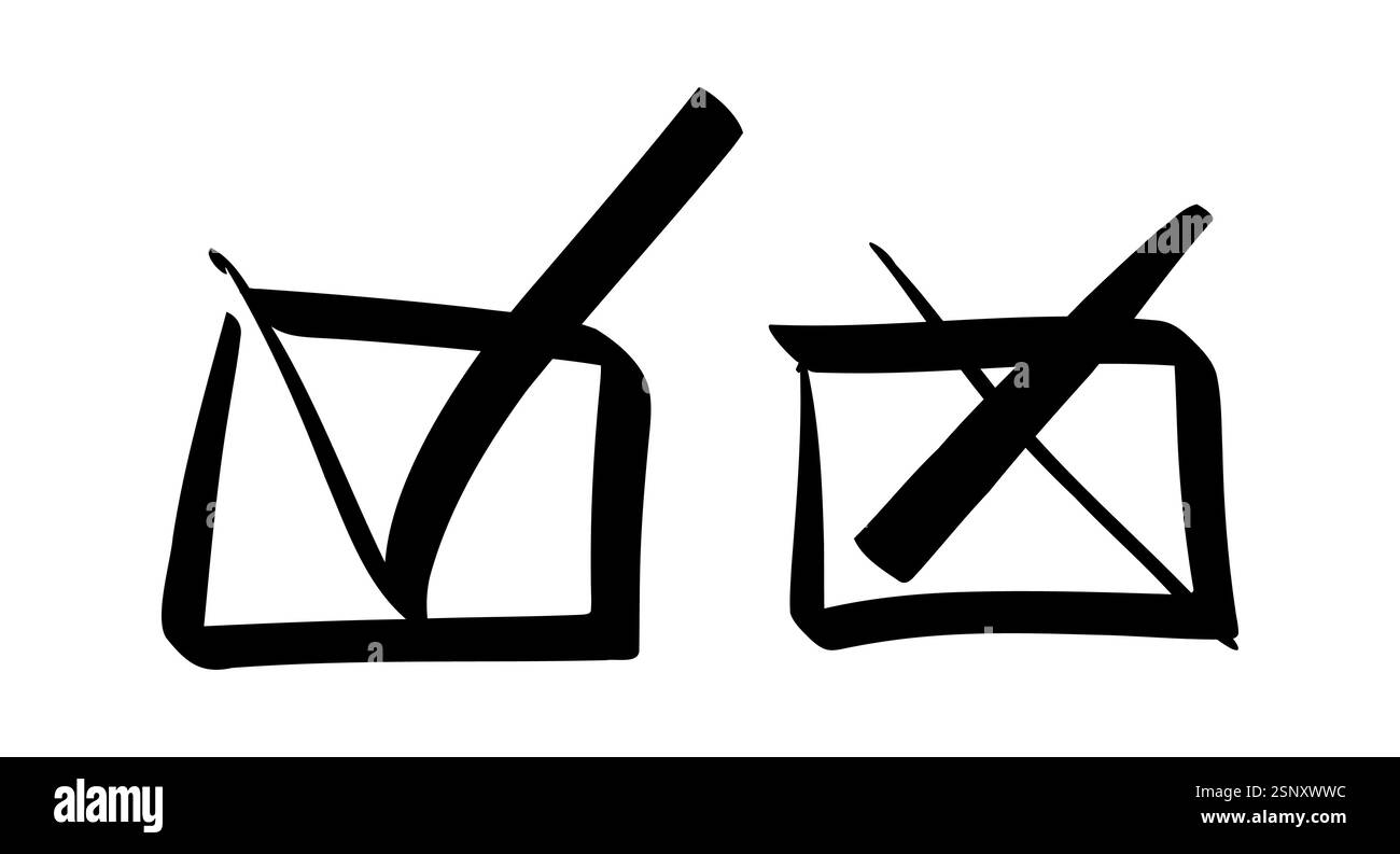 Icone delle caselle di controllo disegnate a mano con segno di spunta e croce per progettazione dell'interfaccia utente, voting, moduli di feedback e presentazioni. Illustrazione vettoriale Illustrazione Vettoriale