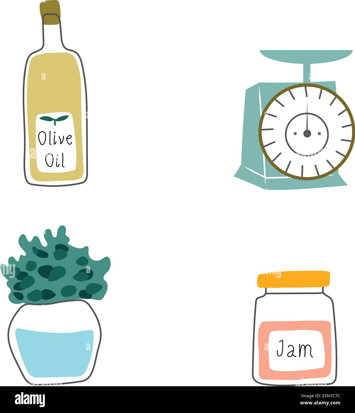Intimi accessori da cucina, marmellata, erbe aromatiche, olio d'oliva e bilancia. Illustrazione Vettoriale