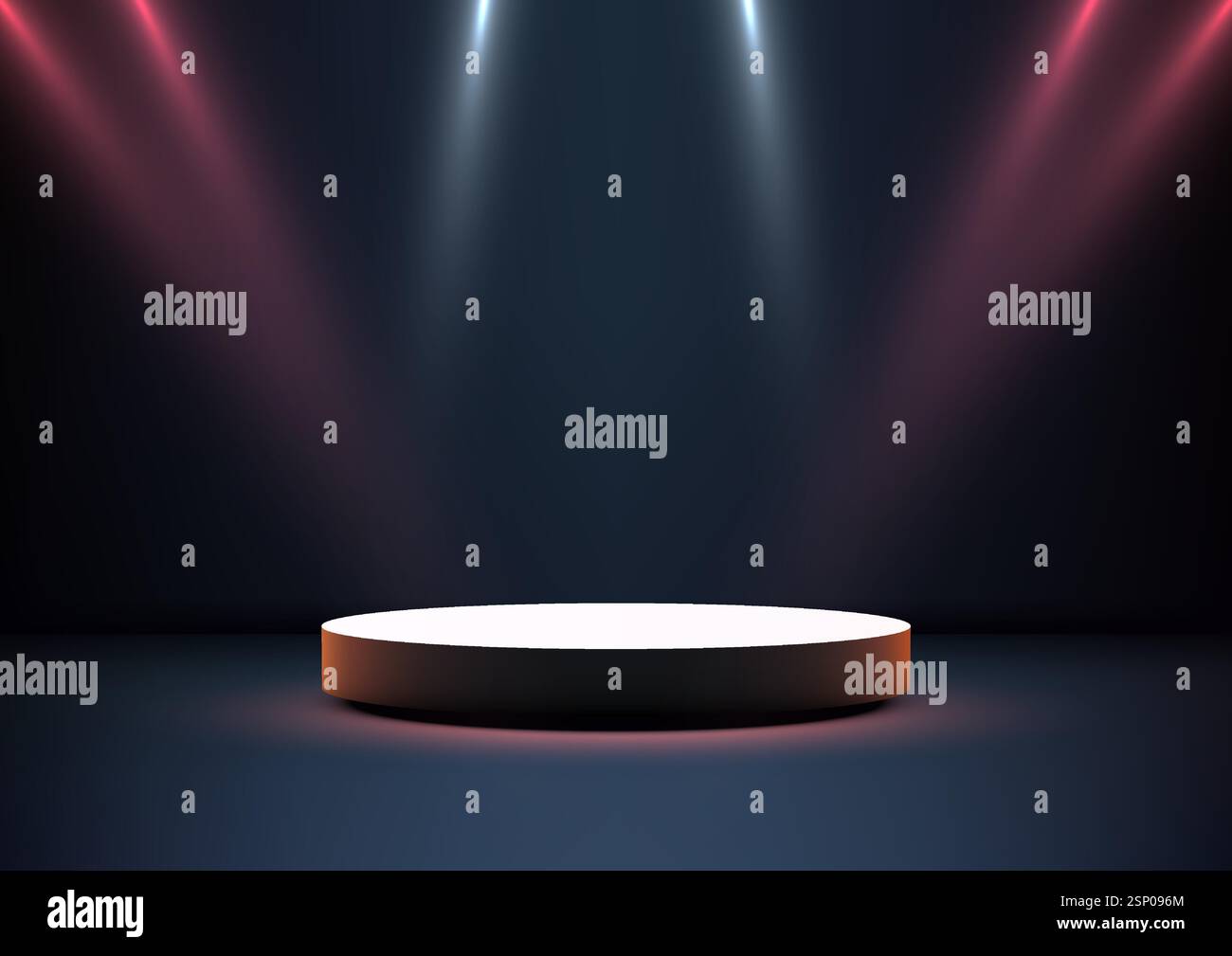 palcoscenico bianco rotondo 3d illuminato da faretti, cerimonie di premiazione, espositori di prodotti o presentazioni moderne. Teatro di luci scenografiche atmos Illustrazione Vettoriale