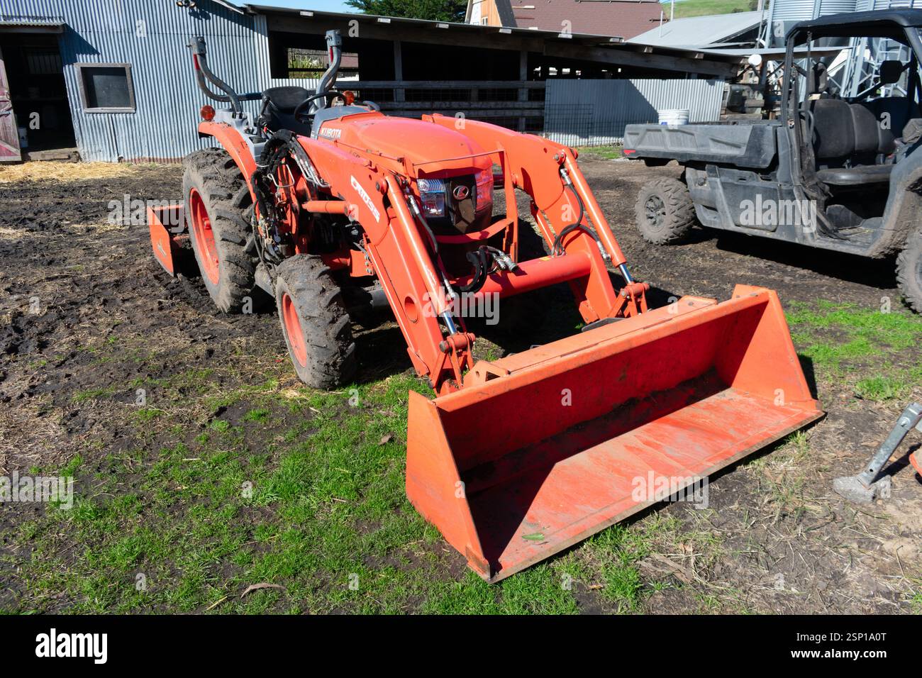 Un trattore agricolo arancione con pneumatici robusti e una benna caricatore si trova in un ambiente rurale tra attrezzi e strutture agricole Foto Stock