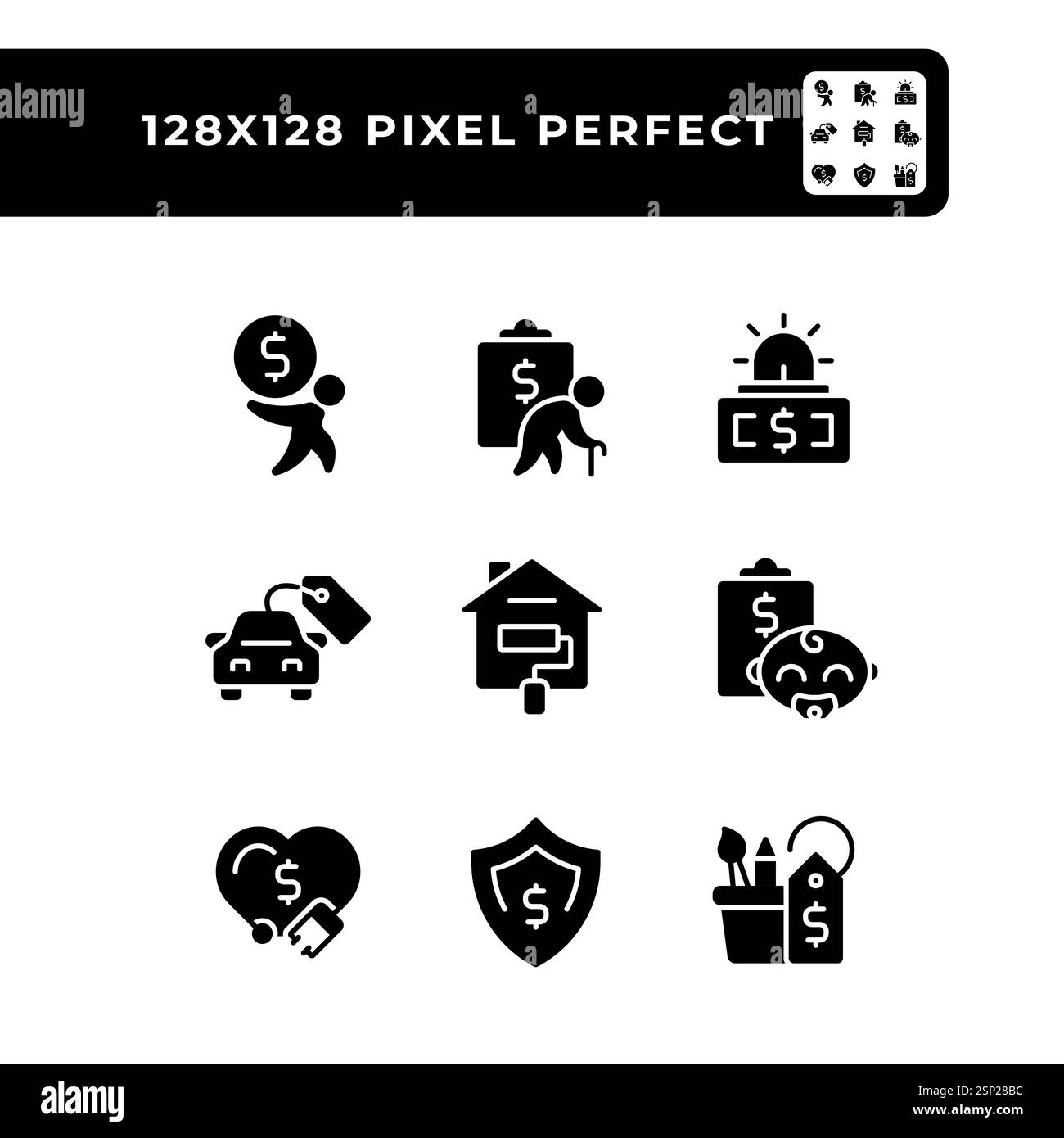 Icone di glifo nero con pixel perfetti per le spese finanziarie impostate sullo spazio vuoto Illustrazione Vettoriale