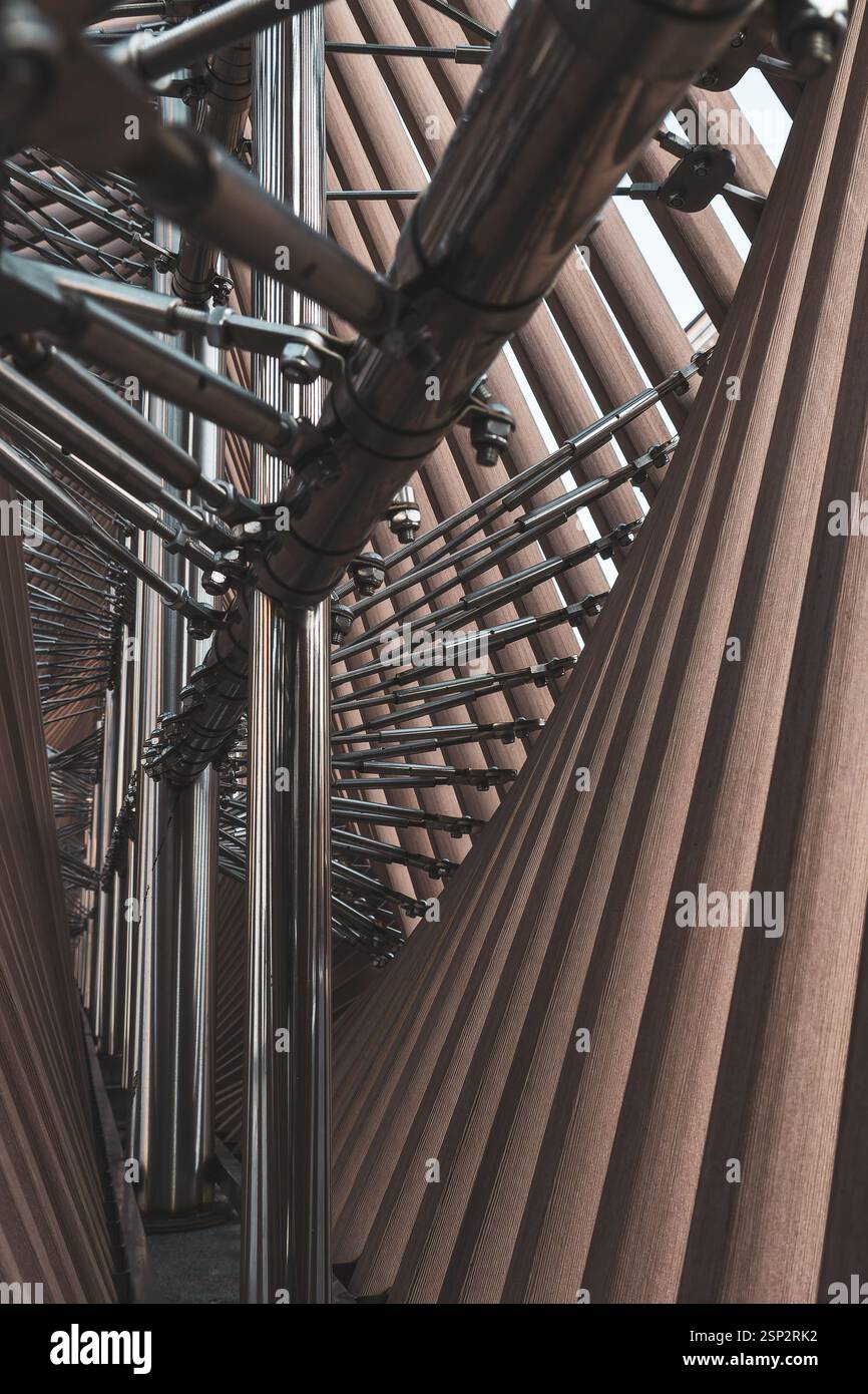 Design intricato che mostra cavi, aste filettate e cordoni in puro stile costruttivo, evocando l'estetica fratale e le strutture strallate. Foto Stock