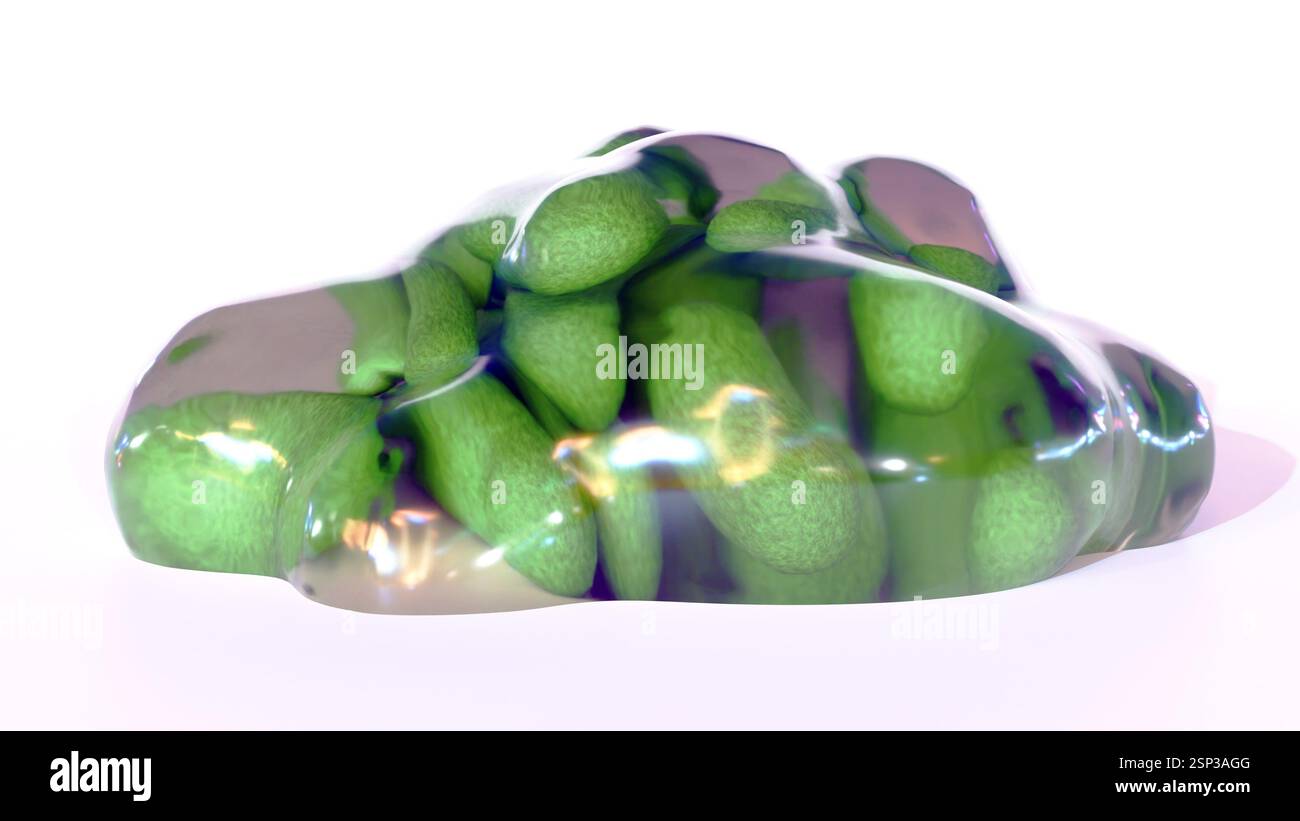 Rendering 3D, una massa grumi rappresenta la sostanza polimerica extracellulare o EPS che forma la matrice strutturale del biofilm e i batteri a forma di asta Foto Stock