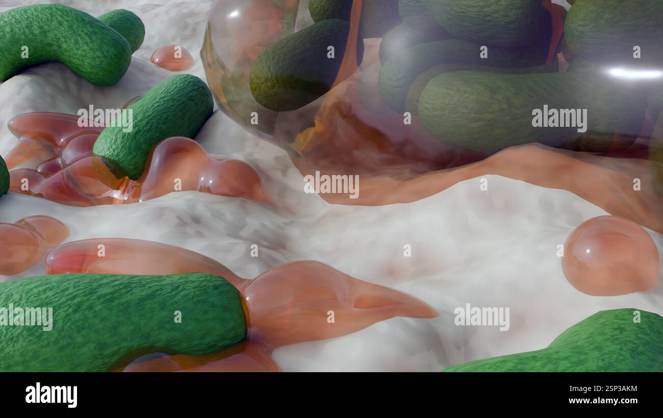 Rendering 3D, una massa grumi rappresenta la sostanza polimerica extracellulare o EPS che forma la matrice strutturale del biofilm e i batteri a forma di asta Foto Stock