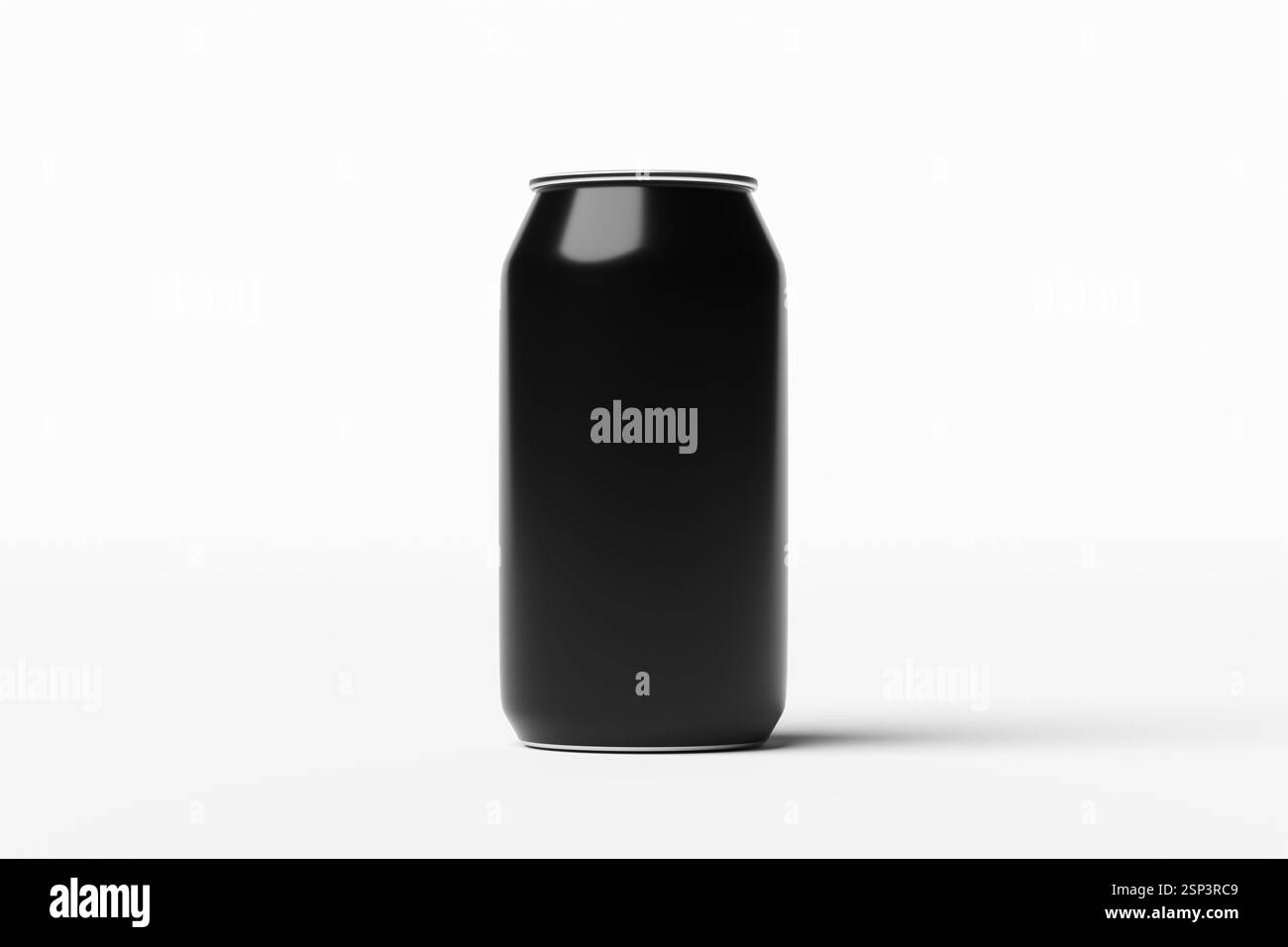 Rendering 3d fotorealistico di un elegante contenitore in alluminio nero su uno sfondo bianco minimalista, perfetto per mostrare il branding delle bevande o il packaging des Foto Stock