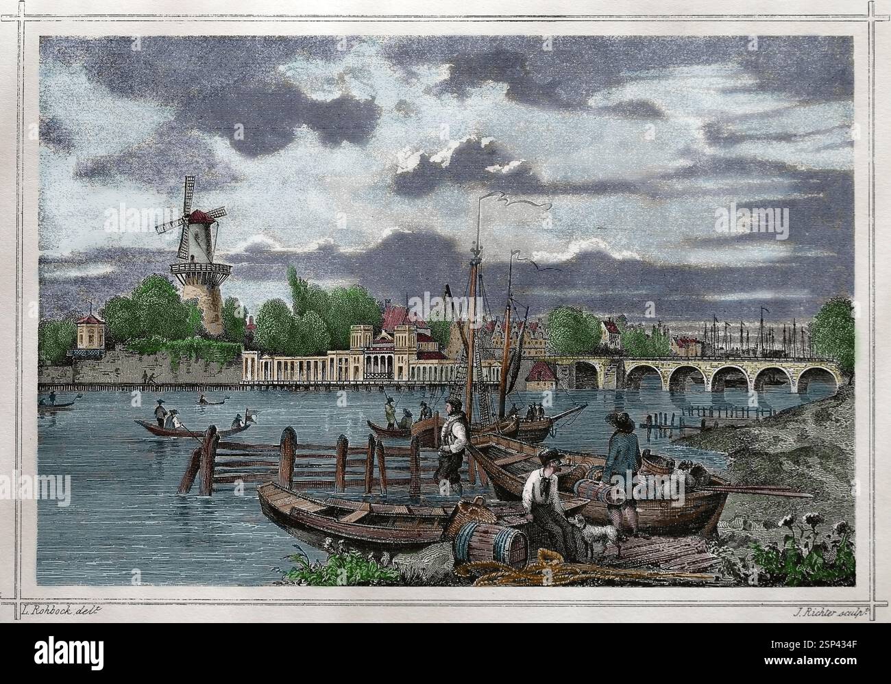 Amsterdam, Paesi Bassi. Vista sul fiume Amstel con le barche. Foto Stock