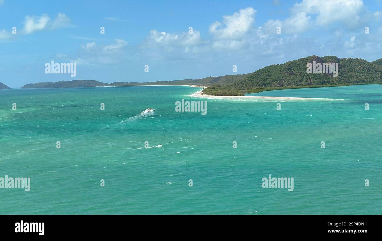 Isola di Hamilton: La spiaggia di sabbia bianca si trasforma in acque turchesi. Colline orlate di mangrovie in lontananza. Paradiso trovato. Fuga isolata. Isola di Hamilton. Foto Stock