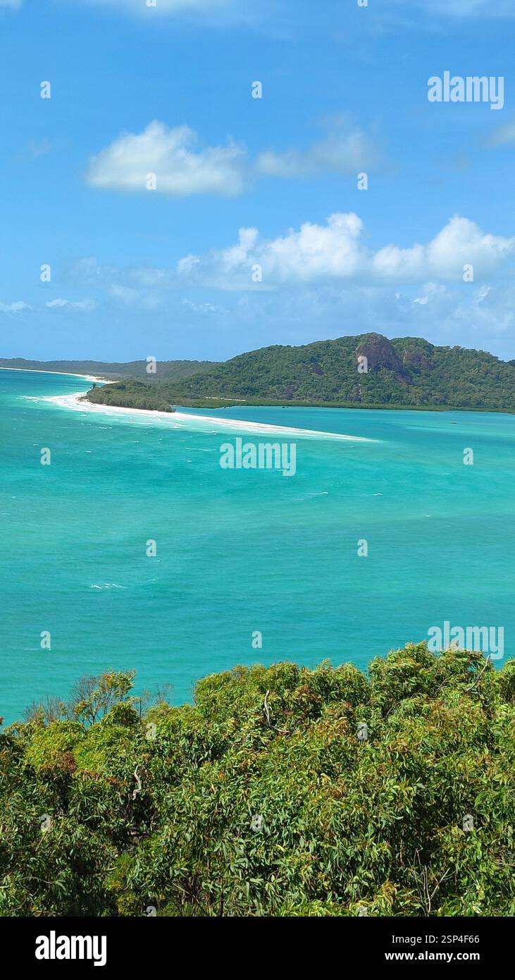 Paradiso tropicale sull'Isola di Hamilton. Lussureggiante isola verde con spiaggia di sabbia bianca circondata dall'oceano turchese. Fuga in paradiso. Un sogno vacati Foto Stock