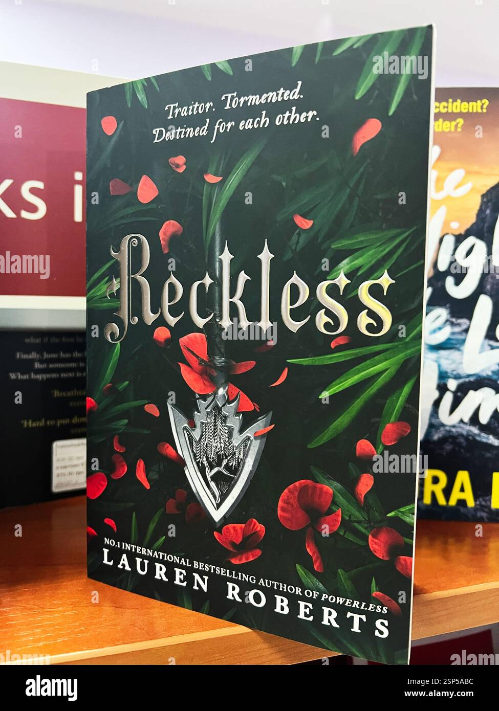 Leopoli, Ucraina - 13 febbraio 2025: Copertina del romanzo più venduto Reckless con elementi decorativi e tipografia audace. Foto Stock