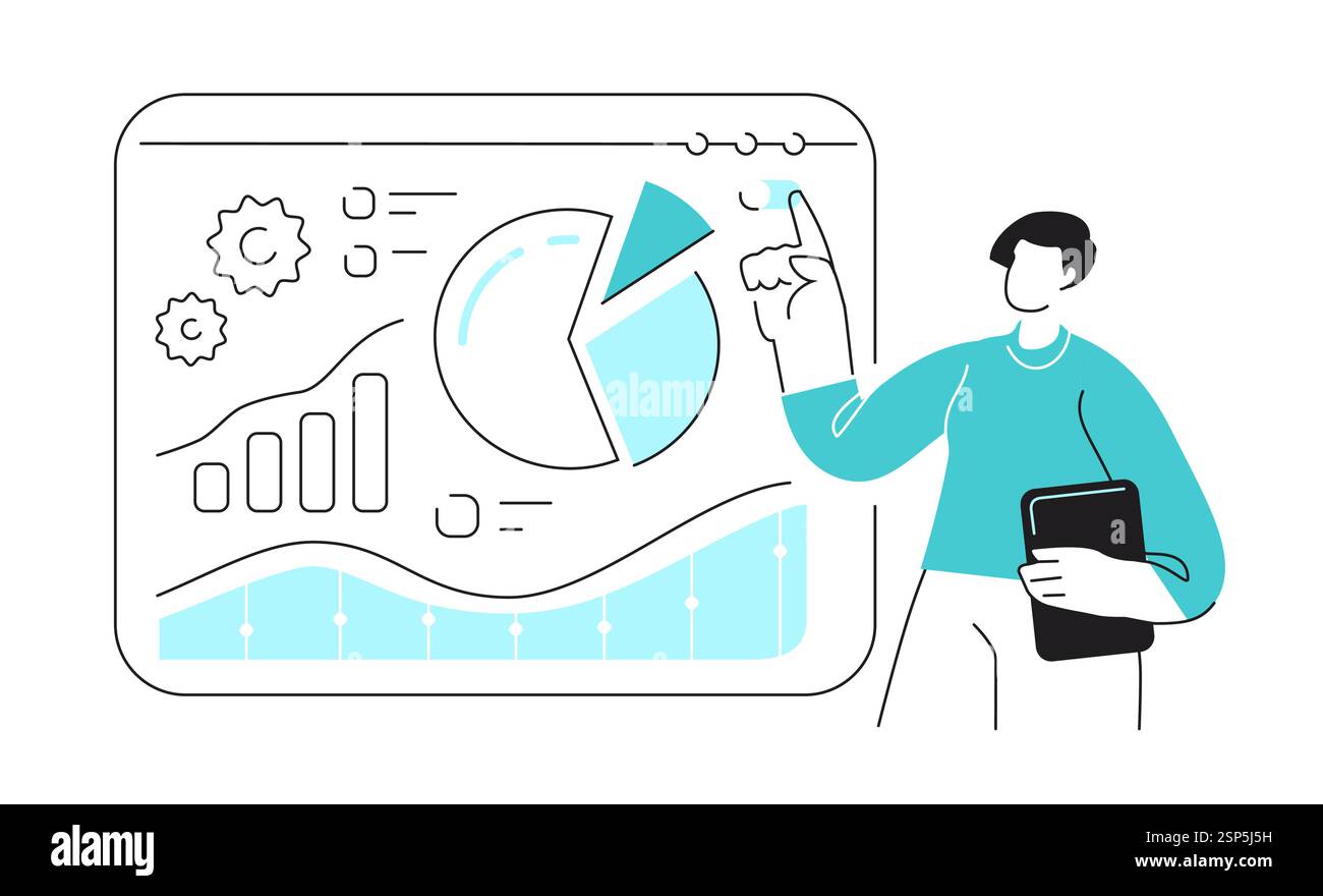 Donna d'affari, donna che presenta grafici di dati. Presentazione e analisi aziendale, revisione della relazione sugli investimenti Illustrazione Vettoriale