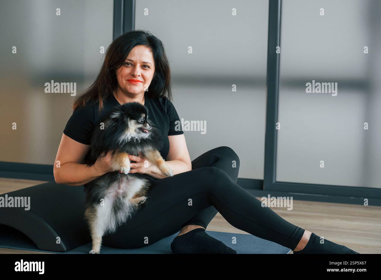 Con un cane carino. La donna con il cane è nello studio. Foto Stock