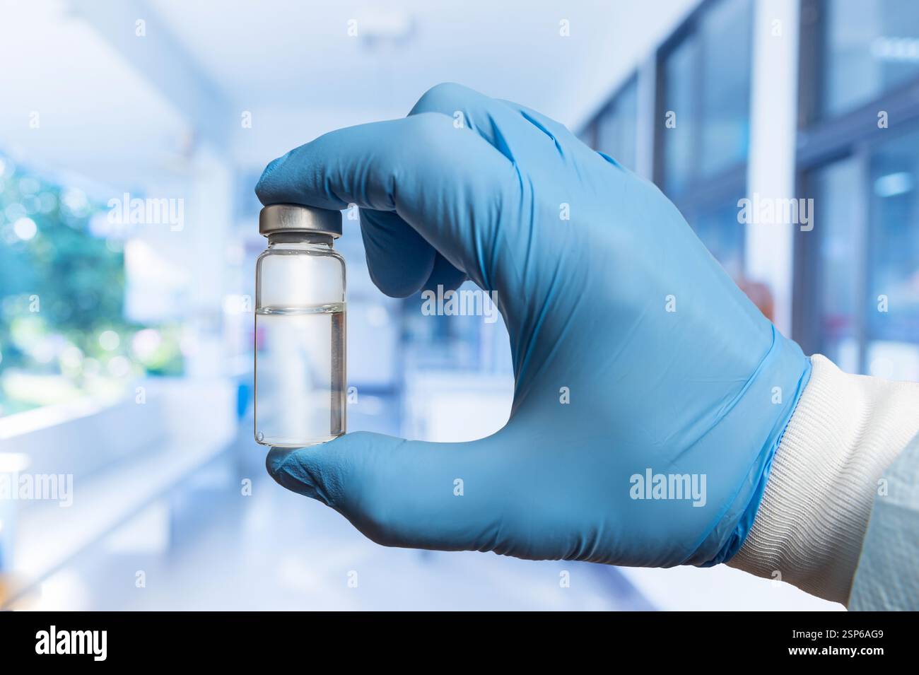 Una persona che indossa un guanto blu sta tenendo una fiala trasparente in un laboratorio sterile, evidenziando la preparazione per le procedure mediche. Foto Stock