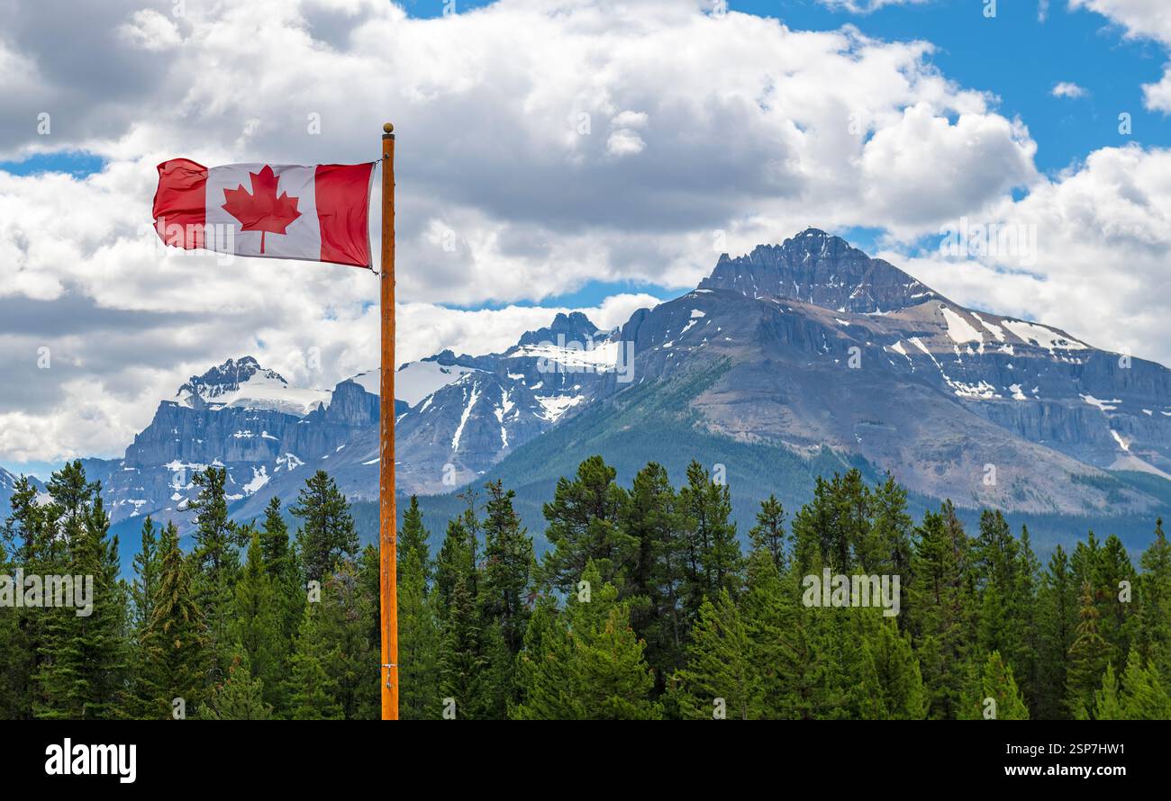 Bandiera canadese in pole nel parco nazionale di Jasper, Alberta, Canada. Foto Stock