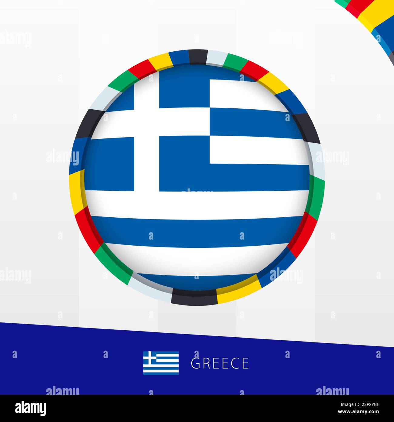 Bandiera greca con colorato confine circolare. Icona vettoriale. Illustrazione Vettoriale