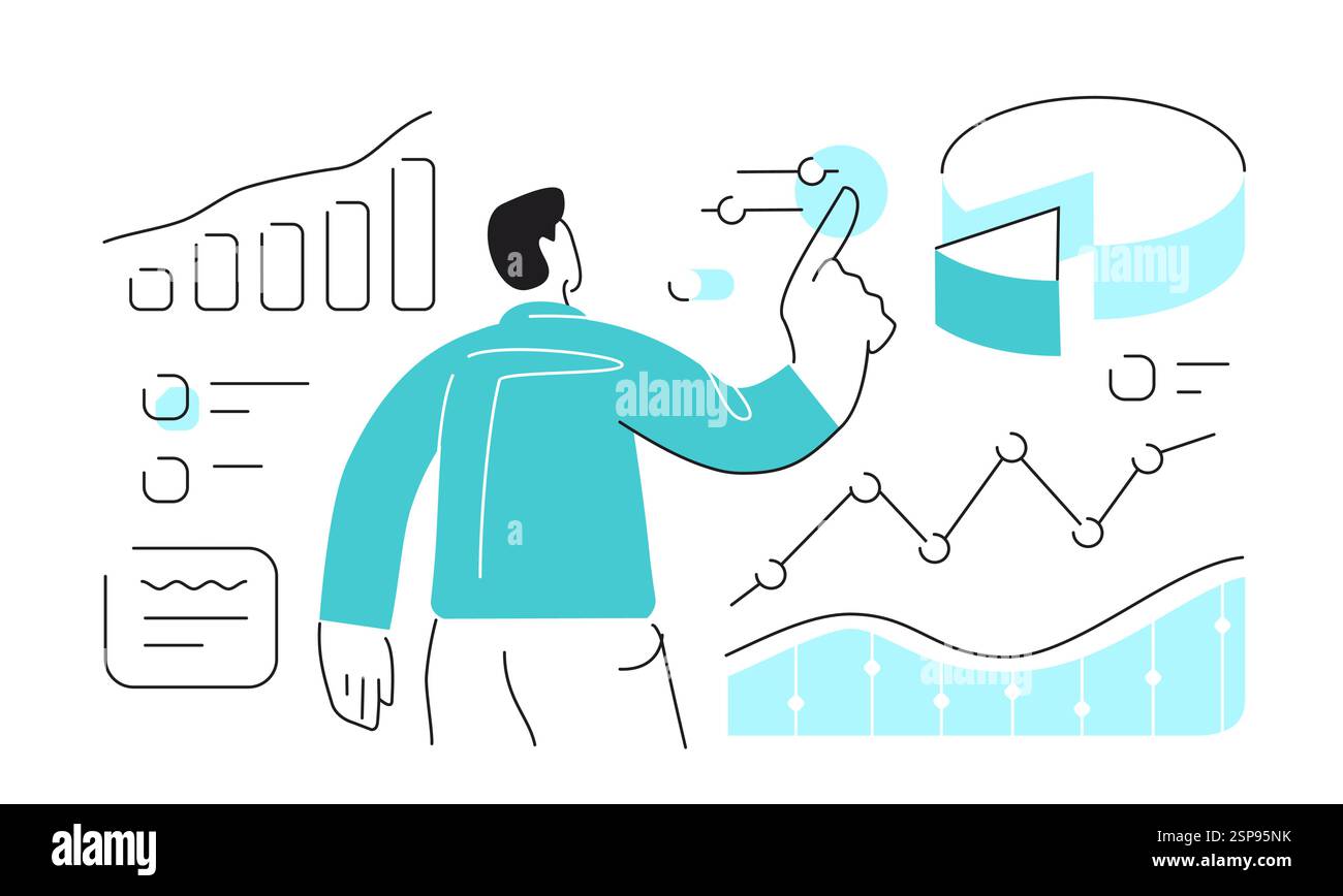 L'uomo d'affari ricerca analisi finanziarie con Internet. Crescita del reddito, investimenti monetari, aumento del reddito Illustrazione Vettoriale