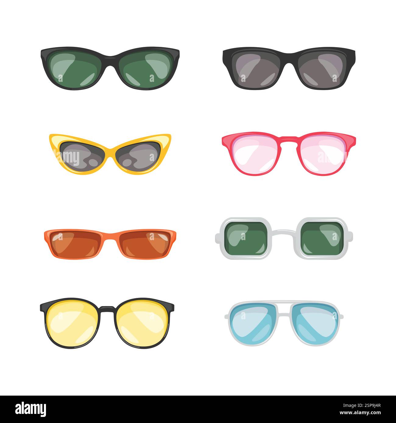 Set di icone di occhiali da sole diverse. Occhiali retrò per proteggere gli occhi dal sole in estate. Occhiali hipster o lenti di forme diverse. Fumetto fla Illustrazione Vettoriale