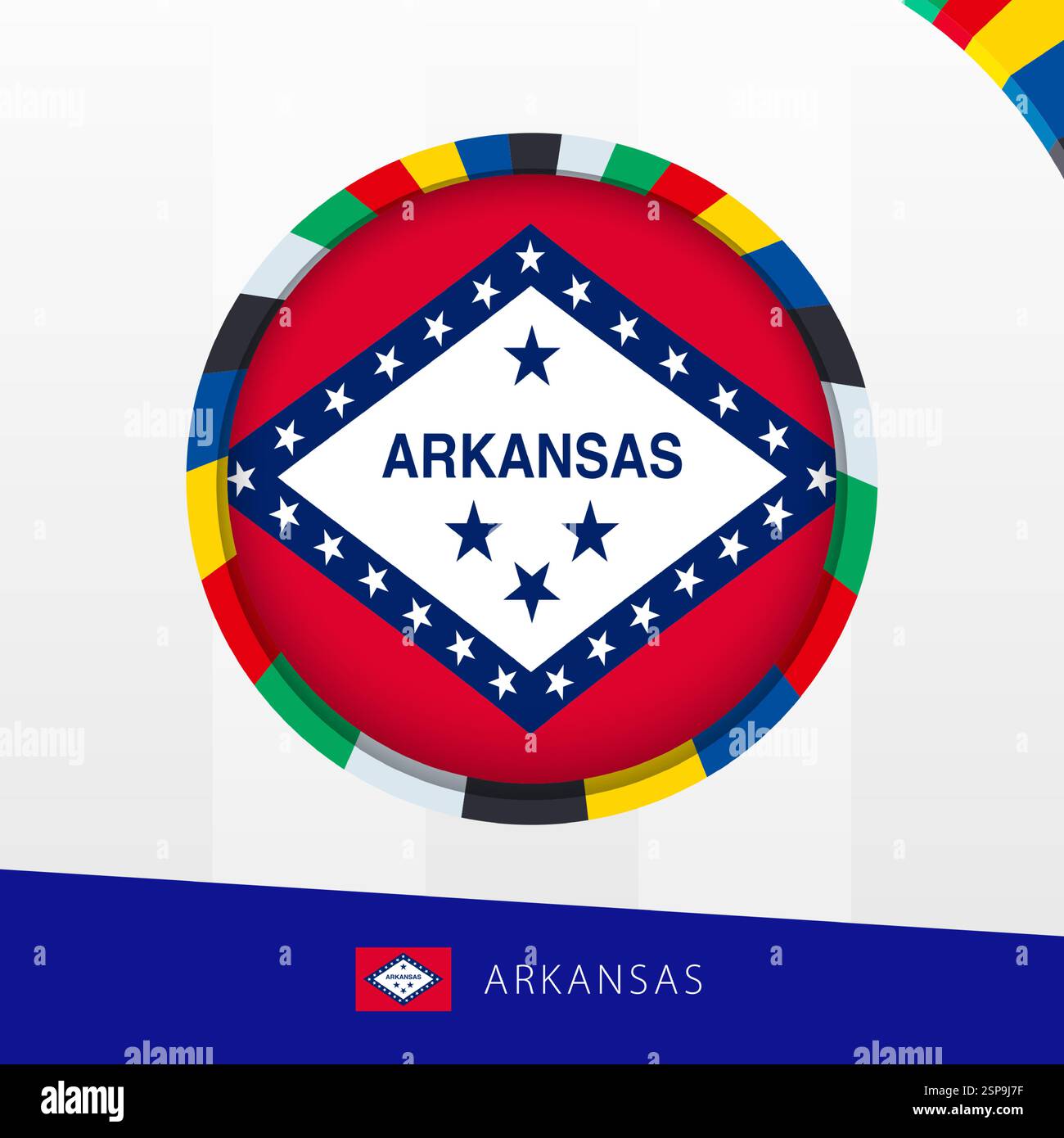 Bandiera dell'Arkansas con bordo circolare colorato. Icona vettoriale. Illustrazione Vettoriale