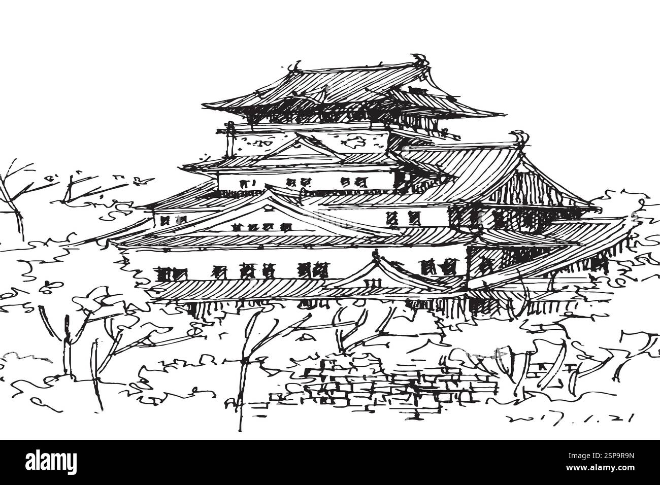 Schizzo a mano libera famoso in tutto il mondo: Il castello di Kumamoto in Giappone. Illustrazione Vettoriale
