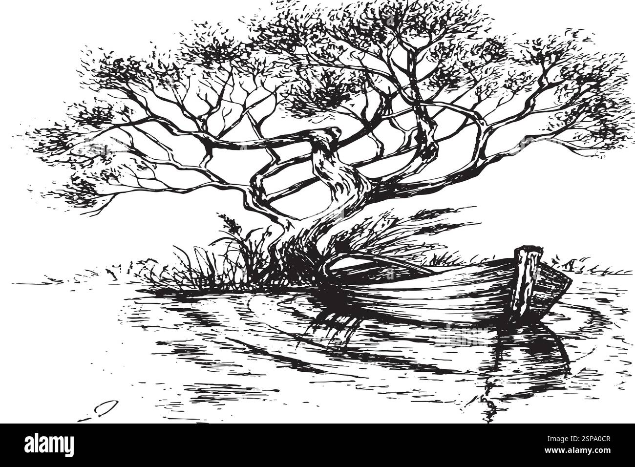 Panorama di campagna con fiume. Schizzo penna convertito in disegno vettoriale Illustrazione Vettoriale