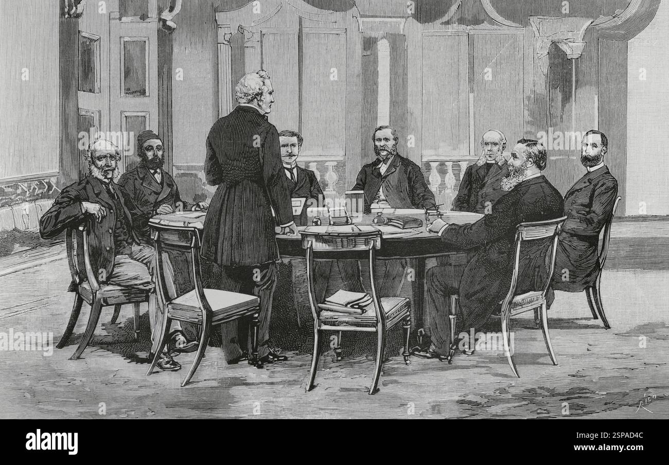 La Conferenza egiziana. Conferenza europea sugli affari dell'Egitto tenutasi a Londra nel 1884. Vertice cui hanno partecipato i rappresentanti delle maggiori potenze. La prima sessione della conferenza, il pomeriggio del 28 giugno 1884, presieduta da Lord Granville (Ministro degli Esteri britannico), nella sala riunioni del Ministero degli Esteri. Scena dell'incontro. Seduto da sinistra: Conte Münster (Germania), Musurus Pasha (Turchia), conte di Nigra (Italia), Waddington (Francia), barone de Staal (Russia), Childers (Inghilterra) e conte Karoly (Austria-Ungheria). In piedi, all'inizio della riunione, Lord Granville. Incisione di Berna Foto Stock
