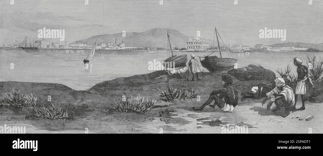 Massawa. Vista generale della città portuale sulle rive del Mar Rosso. Durante il XIX secolo fu governata dagli egiziani con il consenso degli ottomani. Nel 1885 passò al controllo italiano come parte della loro colonia dell'Eritrea. Incisione. The Spanish and American Illustration (la Ilustración Española y americana), 1884. Foto Stock