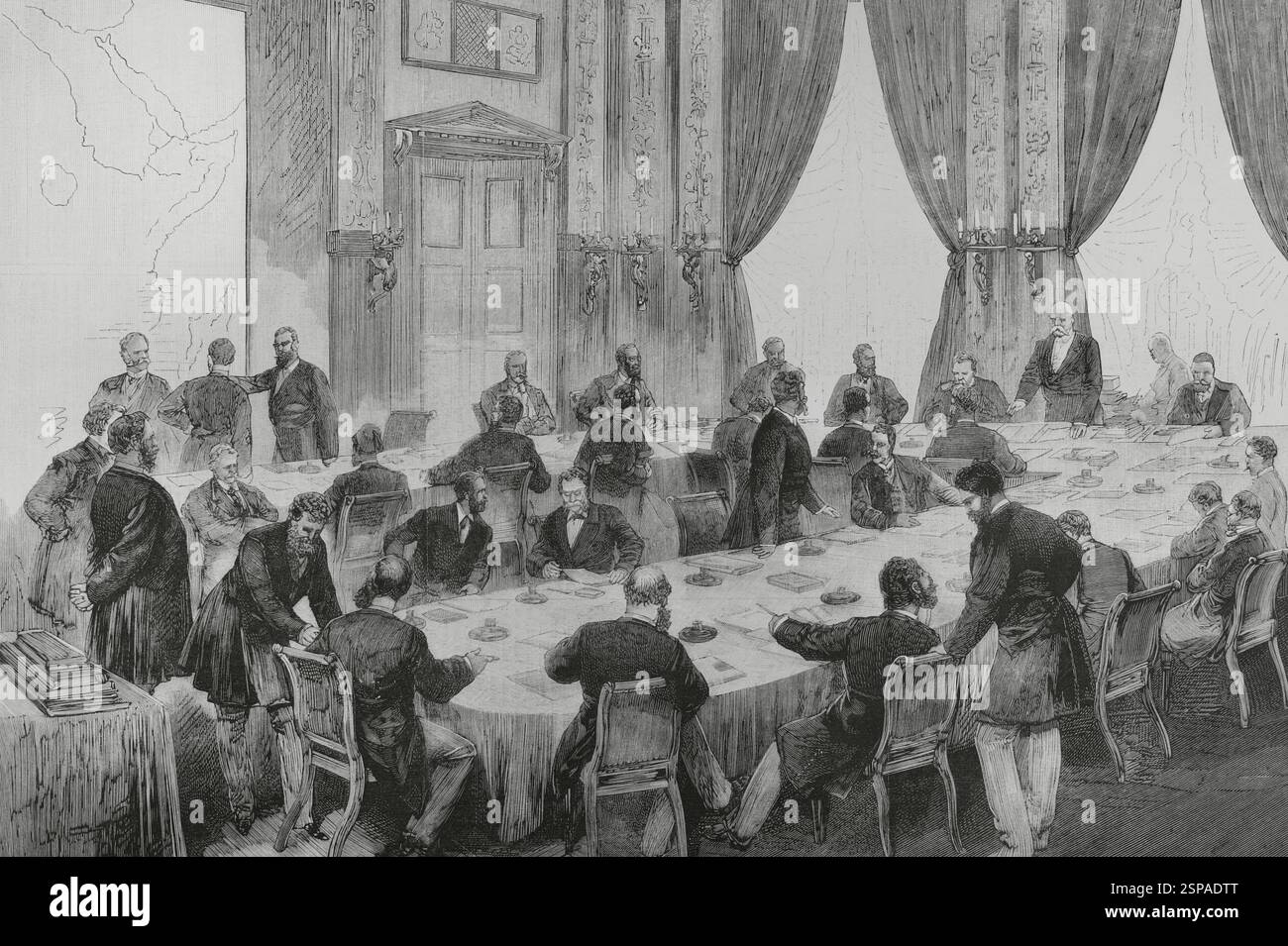 Conferenza di Berlino (dal 15 novembre 1884 al 26 febbraio 1885). Il cancelliere tedesco otto von Bismarck organizzò la conferenza, per cercare soluzioni all'espansione coloniale in Africa e per concordare sulla sua spartizione. Una sessione della conferenza. Incisione di Bernardo Rico (1825-1894). The Spanish and American Illustration (la Ilustración Española y americana), 1884. Foto Stock
