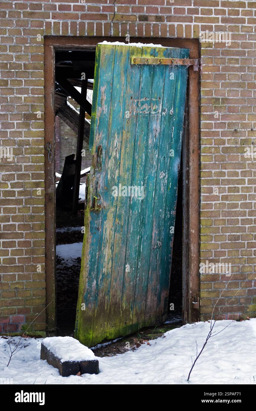 Vecchia porta verde appesa storta nella cornice di un edificio trascurato Foto Stock