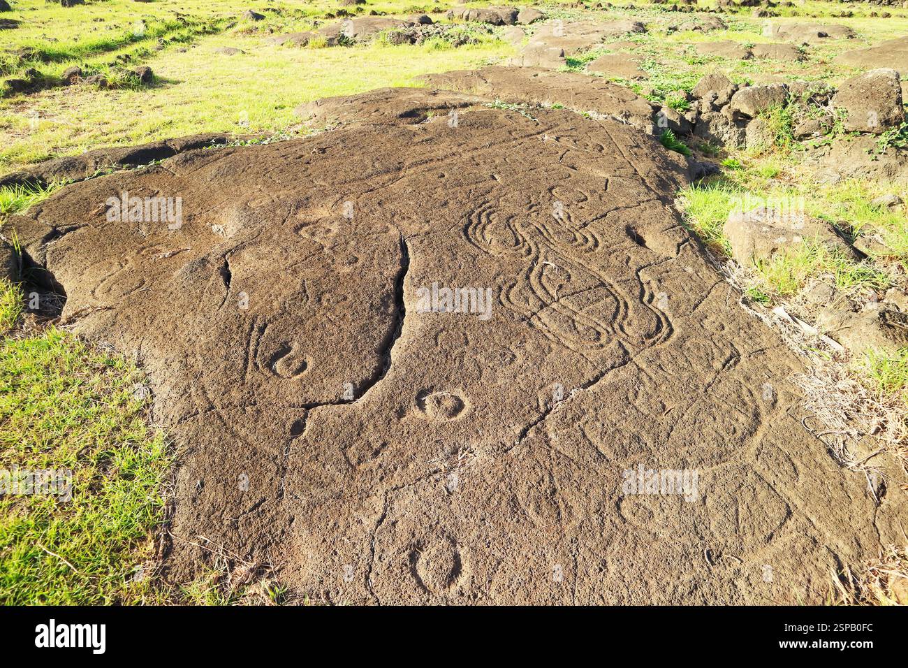 Antica incisione rupestre di molti ami chiamata Papa Mangai e Octopus o granchio al sito archeologico di Papa Vaka, Isola di Pasqua, Cile, Sud America Foto Stock