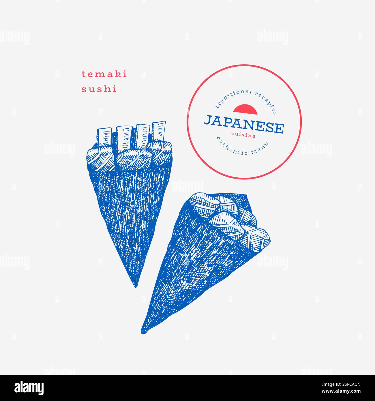 Illustrazione della cucina giapponese Temaki. Illustrazioni vettoriali disegnate a mano sui sushi. Retro Asian Food Isolated Image. Illustrazione Vettoriale