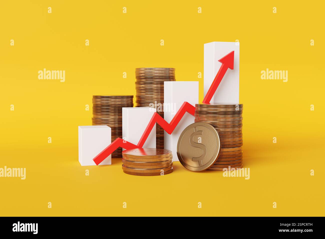 Grafico a barre bianco e freccia rossa su circondata da pile di monete dorate su sfondo giallo. Concetto di ricavi di vendita e prezzi delle azioni Foto Stock