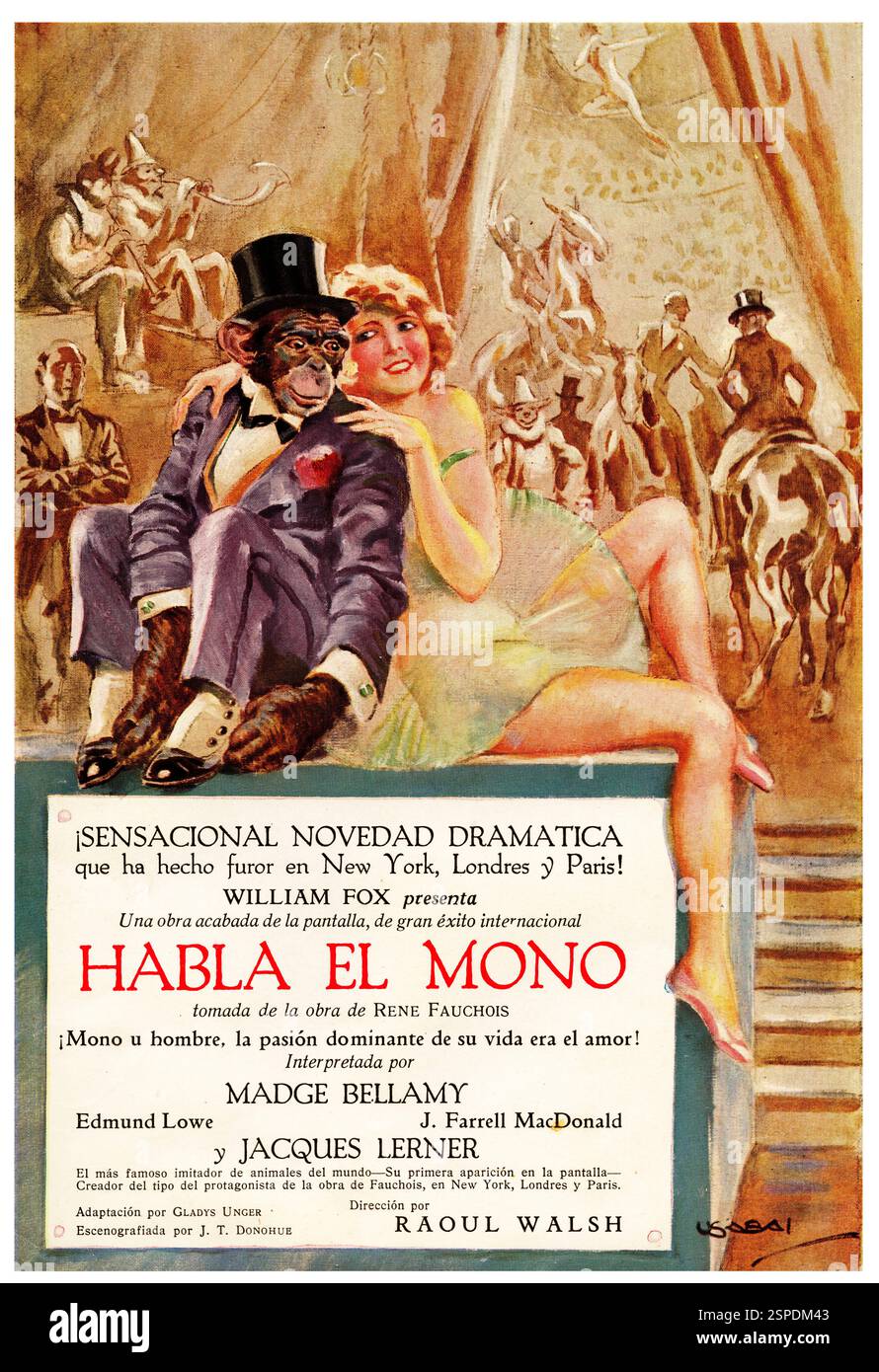 Publicidad. Anuncio de la película Habla el mono, producida por William Fox (1872-1952), regista de cine norteamericano de origen húngaro. Año 1926. Foto Stock