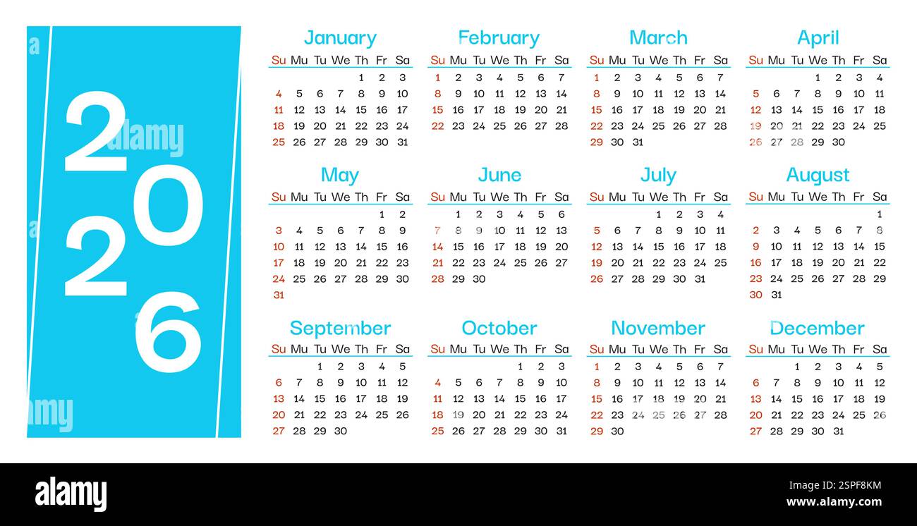 Modello Calendar 2026. La settimana inizia domenica. Calendario mensile da parete 2026 in stile minimalista. Agenda da scrivania per la pianificazione del design aziendale, organizer per l'ufficio. Stampa modello Elegance. Illustrazione vettoriale Illustrazione Vettoriale
