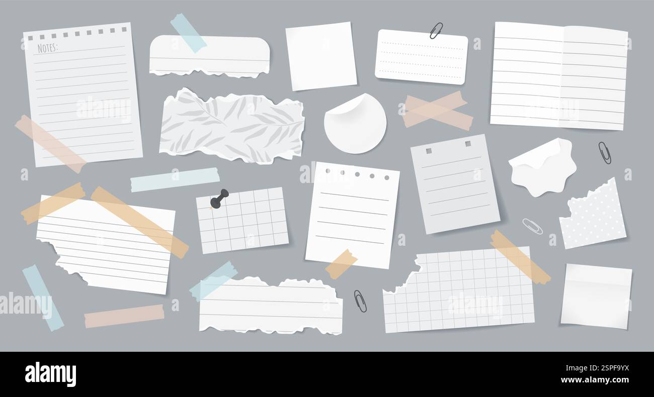 Set di varie note di carta strappate, adesivi, nastri. Illustrazione Vettoriale