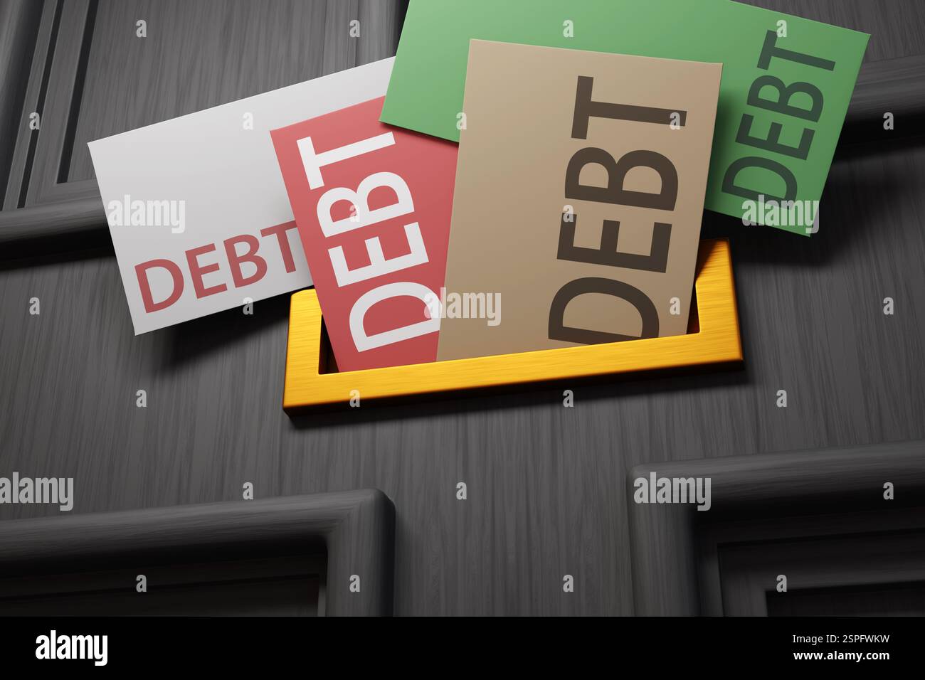 Targa con lettere dorate di una porta d'ingresso nera piena di lettere colorate etichettate con la parola DEBITO. Prestiti finanziari, pagamenti scaduti e fallimento Foto Stock